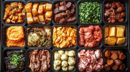 Assorted gourmet food selections in black plastic containers.