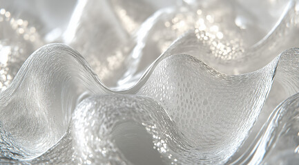 3D render of silver wavy glass with abstract background, close-up macro shot with studio lighting and sharp focus