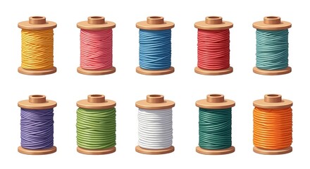 Colorful Thread Spools Illustration Set for Sewing and Crafting Projects, Featuring a Collection of Vibrant Yarn on Wooden Bobbins.
