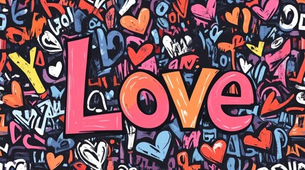 Obraz premium Colorful hand-drawn heart pattern with vibrant “Love” text