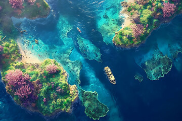Naklejka premium Breathtaking Aerial View of a Large Coral Reef, Clear Turquoise Water Surrounding the Reef.