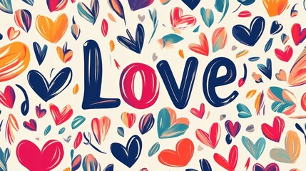 Colorful hand-drawn heart pattern with vibrant “Love” text