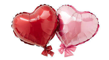 Two heart-shaped balloons, one red and one pink, tied with ribbons, symbolizing love and affection.