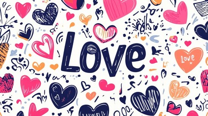 Colorful hand-drawn heart pattern with vibrant “Love” text