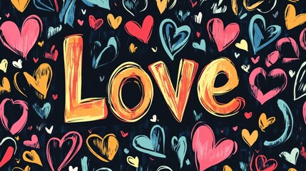 Colorful hand-drawn heart pattern with vibrant “Love” text