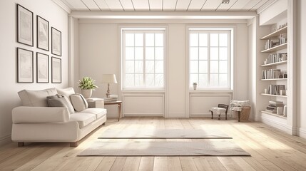 Obraz premium Modern minimalist white living room with natural light and wooden flooring