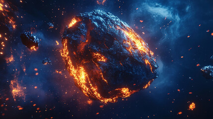 Fiery Asteroid in Deep Space Cosmic Collision and Nebula