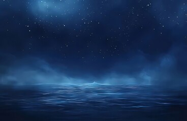 Mystical night ocean scene with starry sky and fog.