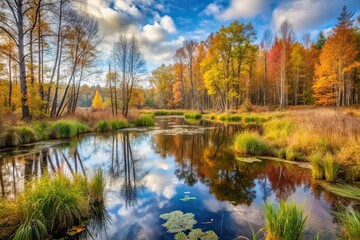 Silhouette of a marshy Eastern European woodland in autumn fall