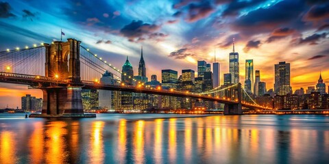 Fototapeta premium Brooklyn Bridge Panorama Dusk Bokeh - NYC Skyline Photography
