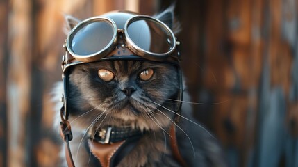 Close-up of a grey Persian cat wearing aviator goggles and helmet.