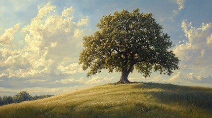 Fototapeta premium Serene sycamore tree on gentle hill nature landscape vibrant sky tranquil environment scenic viewpoint