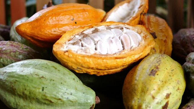 Close-up of white fresh cocoa seed on ripe cacao pod and  yellow cacao fruit