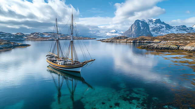 A majestic vintage sailing ship anchored in a calm, crystal clear bay, surrounded by rocky shores and distant snow-capped mountains, in an atmosphere of tranquility and reflection.