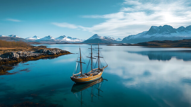 A majestic vintage sailing ship anchored in a calm, crystal clear bay, surrounded by rocky shores and distant snow-capped mountains, in an atmosphere of tranquility and reflection.