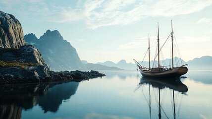 A calm seascape with a wooden schooner moored near the rugged coastline, calm water reflecting the high masts of the ship, an endless horizon with barely visible mountain silhouettes in the distance, 
