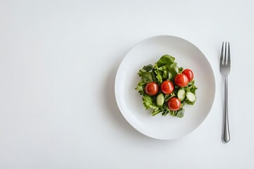Ceramic plate with fresh salad on white background
