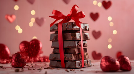 A beautifully wrapped stack of chocolate bars with a red ribbon, surrounded by hearts and soft bokeh lights, perfect for a romantic occasion.