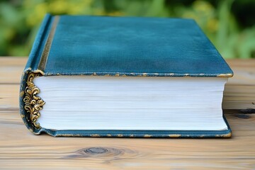 A closed, decorative book resting on a wooden surface, showcasing its spine and gilded edges.