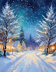 In a tranquil snowy night, soft bokeh Christmas lights adorn fir branches amid a picturesque landscape. Cozy homes are visible, radiating warmth and festivity in the winter wonderland. Generative AI