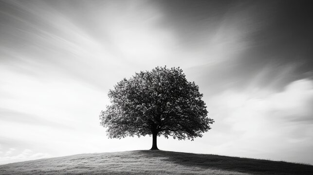 Solitary sycamore tree on gentle rise nature landscape topaz sky peaceful environment serene viewpoint