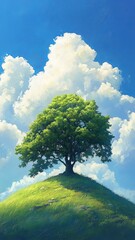 Obraz premium Solitary sycamore tree on grassy hilltop nature landscape bright sky view tranquil environment for peaceful reflection