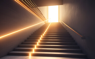 A glowing staircase, ascending toward a distant radiant light source in an abstract space