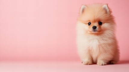 Obraz premium Curious Pomeranian Puppy Sitting on Pink Background with Fluffy Coat
