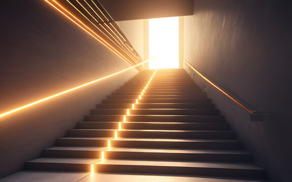 A glowing staircase, ascending toward a distant radiant light source in an abstract space