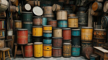 AI generator image of vintage drum sets crowded together in  bazaar, the drums float weightlessly