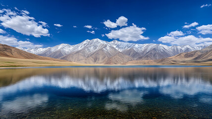 Fototapeta premium Majestic snow-capped mountains under a bright blue sky dotted with white clouds, a calm lake in the foreground, bright colors and deep contrasts emphasize the untouched wilderness.
