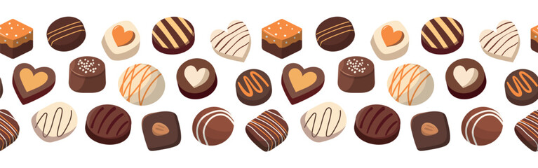 Sweet chocolate candies border pattern. Vector set of chocolate sweets and desserts. Isolated on white background.