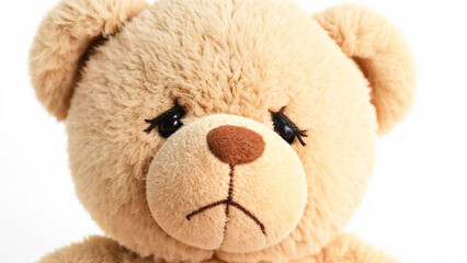 Obraz premium Teddy Bear Plush Close-Up Sad Face: Teddy Bear Plush Close-Up: A plush teddy bear with downturned stitched eyes and a small frown, its expression quietly expressing sadness, set against a clean