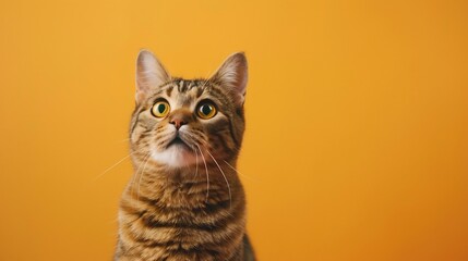 Curious tabby cat looking up on orange background.