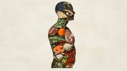 Obesity Chronic concept. Artistic depiction of body filled with healthy foods and vegetables