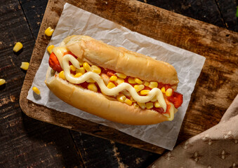 hot dog on rustic set background.