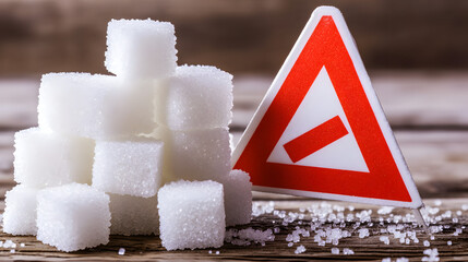 Sugar cubes meticulously stacked in the shape of a warning sign, symbolizing the cautionary message of excessive indulgence and the potential dangers of overconsumption.