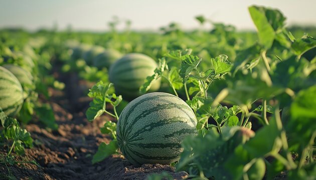 AI generator image of detailed photograph of an autumn day in a watermelon patch where the ground is covered with different shades of watermelon farm, with sunny lighting and happy mood