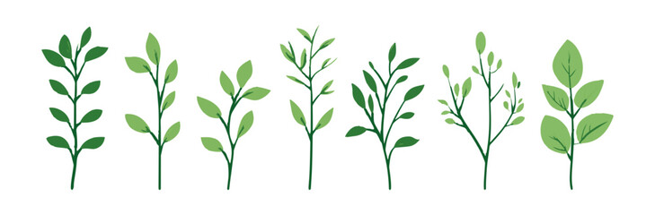 Set of tree and leaf collection hand drawn flat design vector element. botanical set of bare trees and ones with leaves and lush green