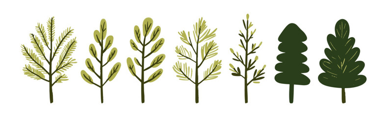 Set of tree and leaf collection hand drawn flat design vector element. botanical set of bare trees and ones with leaves and lush green