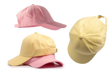 Pink and yellow cap isolated on white background.