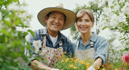 Diverse couple gardening together in lush backyard setting