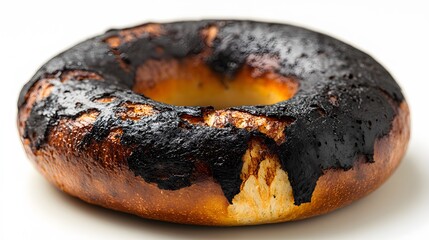 Culinary mishap captured in detail showing burnt bagel with blackened exterior contrasting against golden brown interior, emphasizing texture and char patterns.