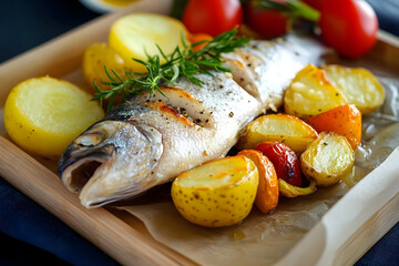 Hake baked by rustically style. Hake 250 gramm (it is better to take the tail), rub it with salt and pepper, bake in the oven for 20 minutes at 220 gramm Served with potatoes and fresh vegetables
