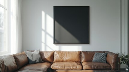 Fototapeta premium Blank black art frame above brown leather sofa in modern interior.