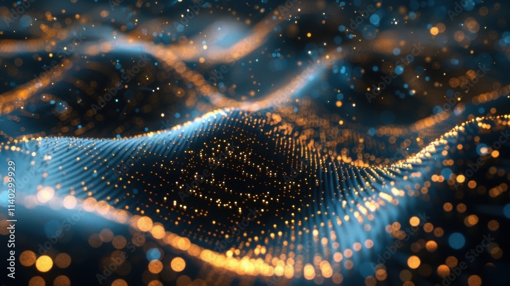 Poster golden particles flowing and glowing like a futuristic big data stream in digital cyberspace, creati