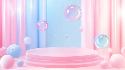 Pastel pink and blue background with floating bubbles and a podium.