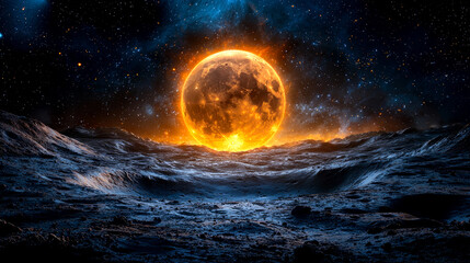 Fototapeta premium Fiery planet rising over dark, cratered landscape.