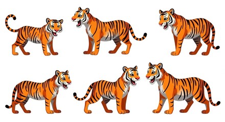 Obraz premium Cartoon Tiger Illustration Collection with Playful Expression and Dynamic Poses for Kids' Educational Materials and Wildlife-Themed Designs.