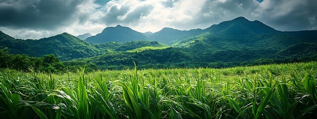 A photograph of an endless sugarcane field in the Hawaiian Islands, with mountains and palm trees visible in the background
